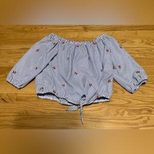 Women’s Kontrol Striped Off Shoulder Crop Blouse w/Floral Embroidery Tie Front